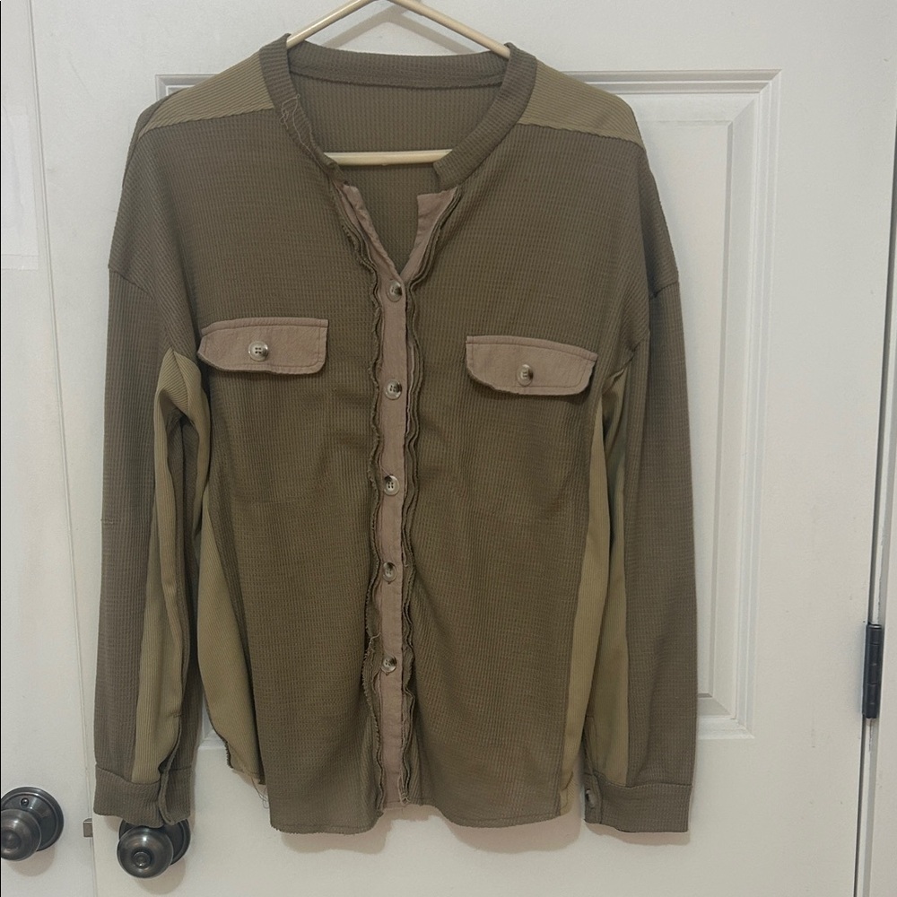 SHEIN waffle Button-Up Top size medium tan cotton blend